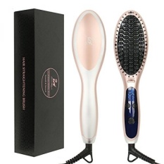 Hair Straightening Brush, SwanMyst Ceramic Ionic Hair Straightener Brush Iron with Heat Resistant Glove and Auto Temperature Lock, Dual Voltage, Rose Gold
