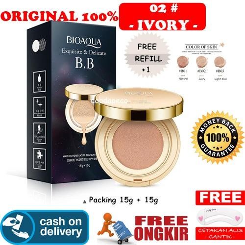 HOKI COD - [02] IVORY - Bioaqua Exquisite and Delicate BB Cream Air Cushion Pack Gold Case SPF 50++ Foundation Make Up Wajah + Free Refill + Gratis Cetak Alis Cantik - Premium