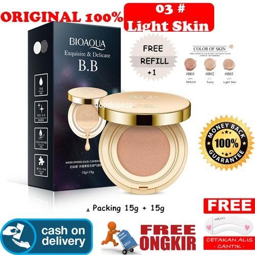 HOKI COD - [03] LIGHT SKIN - Bioaqua Exquisite and Delicate BB Cream Air Cushion Pack Gold Case SPF 50++ Foundation Make Up Wajah + Free Refill + Gratis Cetak Alis Cantik - Premium