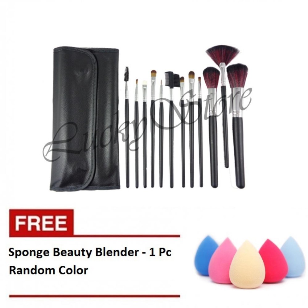 Kuas Make Up - 12 Pcs + Free Spon Beauty Blender Foundation Sponge Telur -Multicolor - 1 Pc