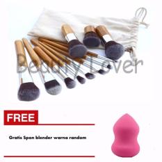 Kuas Make Up Set 11 Pcs Bamboo Handle Premium Synthetic Kabuki Foundation Blending Blush Concealer Eye Face Liquid Powder Cream Cosmetics Brushes Kit Free Spon Blender