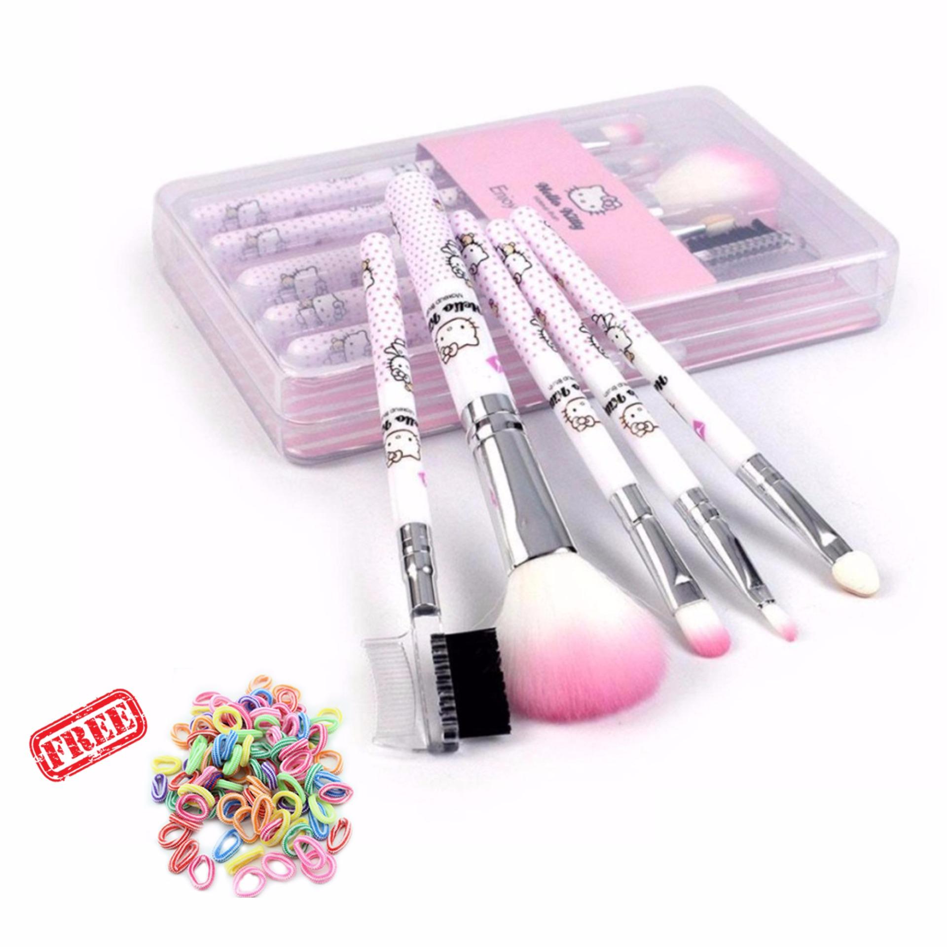 Kuas Makeup Brush isi 5 Pcs H.Kitty Kotak Transparant - Pink + Free Ikat Rambut - 1 Pcs