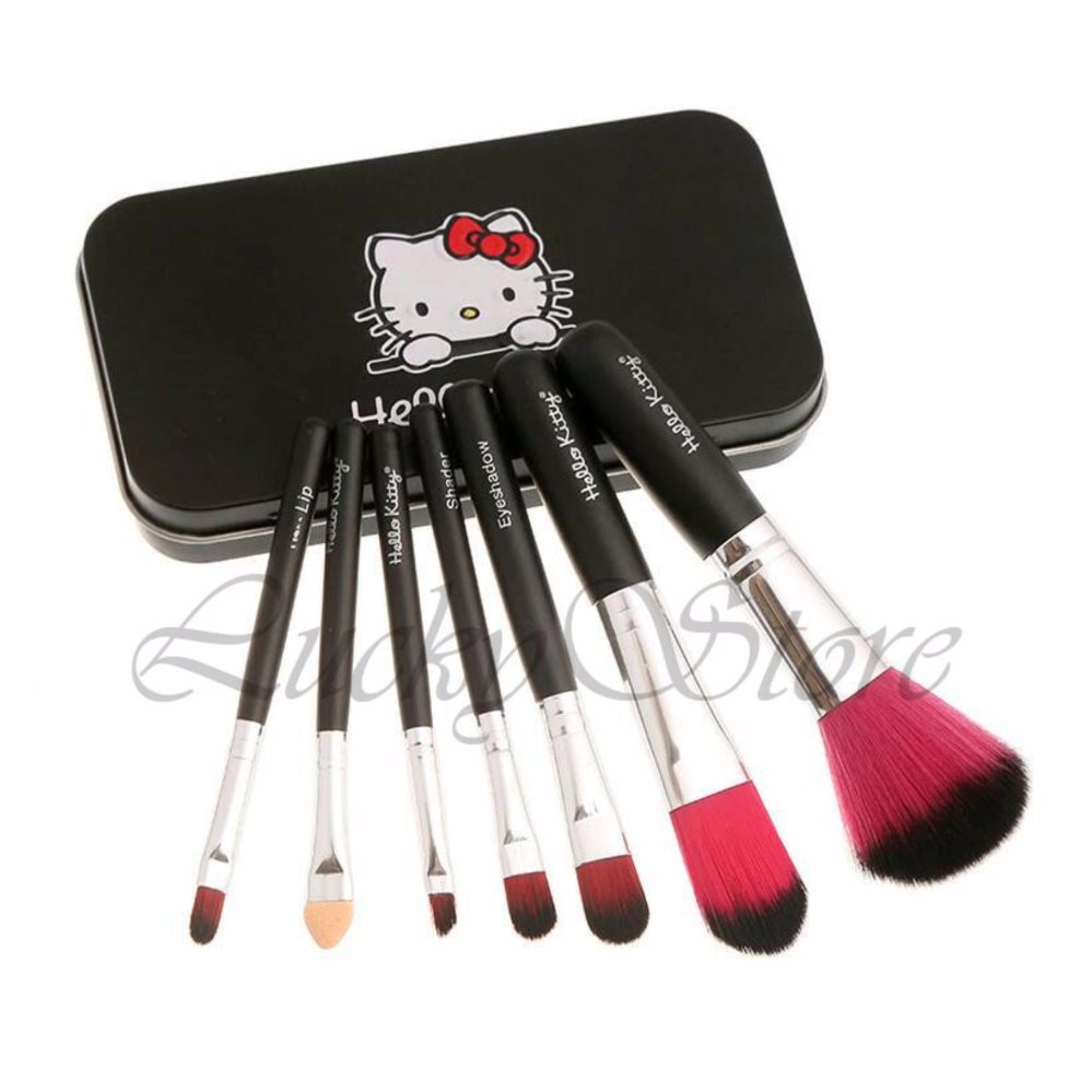 Lucky H Kitty Mini Makeup Bush Set 7 Pcs with Metal Box - Black Lucky H Kitty Mini Makeup Bush Set 7 Pcs with Metal Box - Black