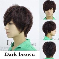 Pria Netral Pendek Lurus Wig Penuh Dark Brown-Intl