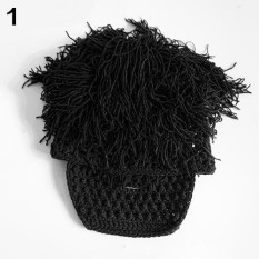 Pria Wanita Lucu Prop Creative Fake Jenggot Styling Wig Hat Merajut Topi Ski (Hitam)-Intl