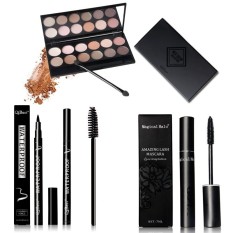NICEFACE Mata Makeup Set, 12 Warna Tanah eyeshadow Rood + Liquid Eyeliner + Black Mascara + 12 Pcs Kuas Bulu Mata Q301-Intl