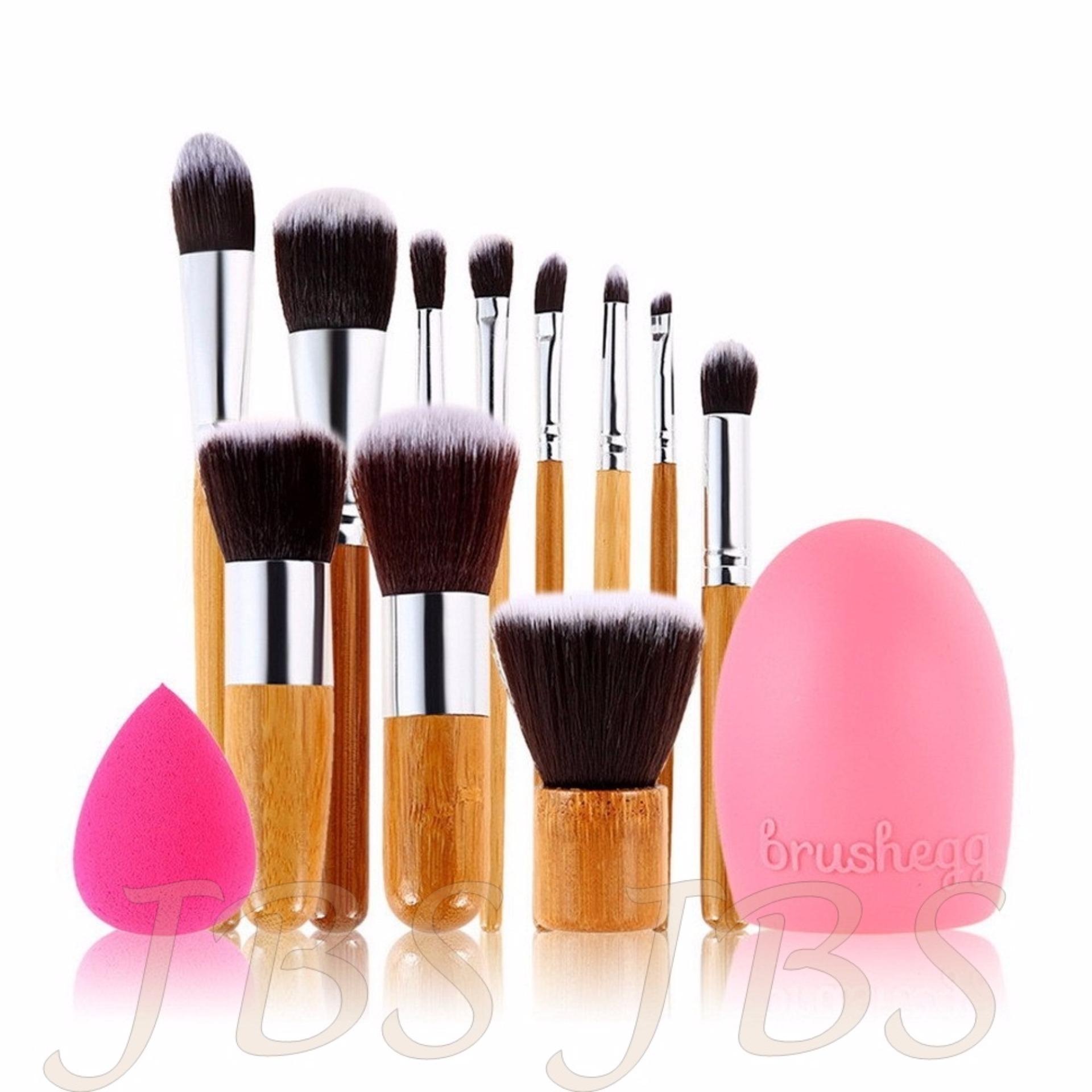 Paket 11 Piece makeup make up Brush Set Bamboo Handle Premium Synthetic Kabuki Foundation - Spon Beauty Blender With Brush egg