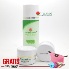 Paket Theraskin Acne Glow + Memutihkan dengan Efek Glowing / Jerawat Sedang Untuk Kulit Normal / Theraskin Acne Whitening + Gratis Pouch