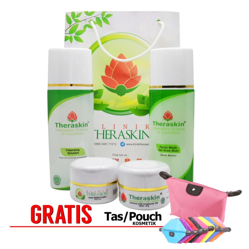 Paket Theraskin Whitening Untuk Kulit Berminyak dan Berjerawat / Cream Theraskin Whitening ASLI Atasi Jerawat + Memutihkan + Menghilangkan Noda Bekas Jerawat KT-006 + GRATIS POUCH 