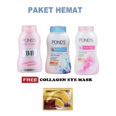 Pond's Pond's Angel Face Natural Mattifying Face Powder UV Protection Biru + Ponds Magic Powder Angel face Pink + Ponds BB Magic Powder Double UV Protection - PAKET HEMAT isi 3 + Gratis Collagen Eye Mask 1 pcs