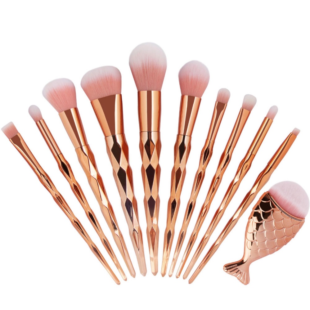 Rondaful 11 Pcs Makeup Brushes Foundation Brushes Powder Eye Shadow Concealer Blender Mermaid Sikat Berbentuk dengan Yang Tidak Rata Pegangan Dicetak dengan Bentuk Berlian-Intl