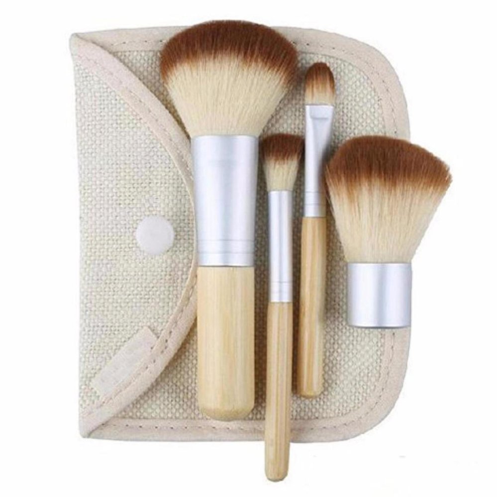 Vienna Linz Kuas Make Up Bambu Cosmetic Brush Professional 4 Pcs Makeup Set Kit Tool Brushes Super Soft Pouch Peralatan Kecantikan Wanita Profesional Bulu Halus Lembut Tidak Cepat Rontok Lengkap Beauty Face - Beige