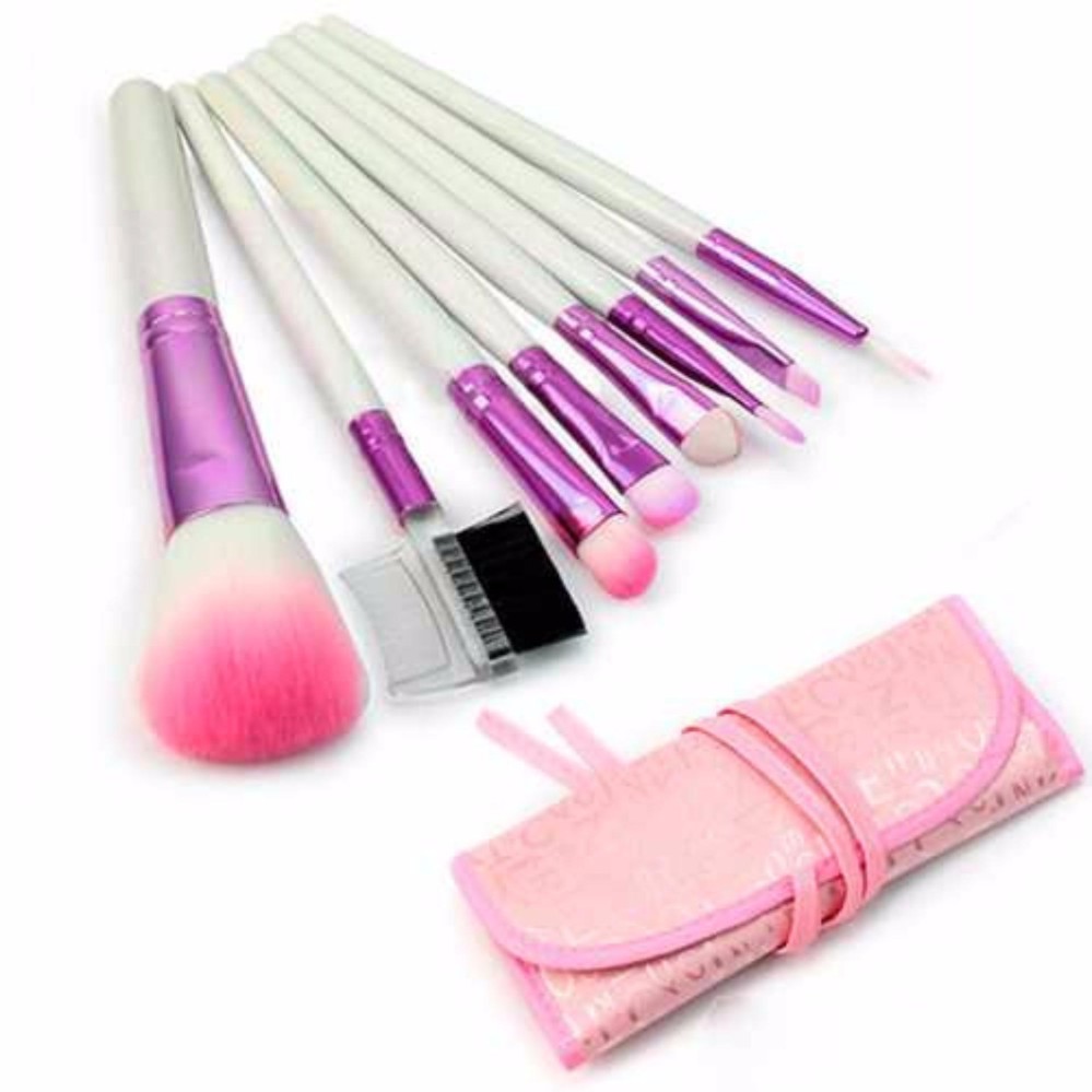 Vienna Linz Kuas Make Up Cosmetic Brush 8 Pcs with Pouch Professional Brushes Makeup Set Kit Tool Brushes Super Soft Pouch Kosmetik Peralatan Kecantikan Wanita Profesional Bulu Halus Lembut Dandan Wajah Maksimal - Pink
