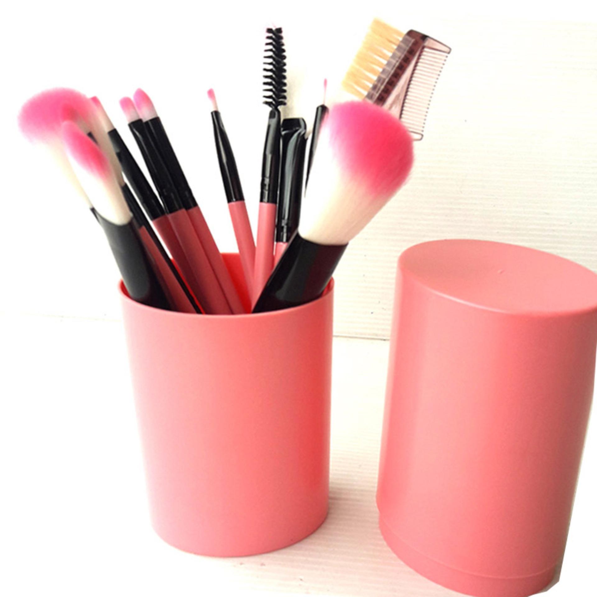Vienna Linz Kuas Make Up Cosmetic Brush Professional 12 Pcs with Round Case Tube Makeup Set Kit Tool Brushes Super Soft Pouch Bag - Pink