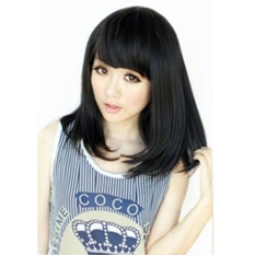 Wanita Ladies Cosplay Oblique Fringe Serat Suhu Tinggi BOB Wig Pear Flower Rambut Keriting Wig Hitam-Intl