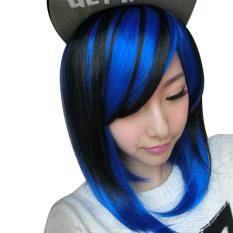 Wanita Pendek Lurus Wig Cosplay Rambut Wig Biru dan Hitam-Intl