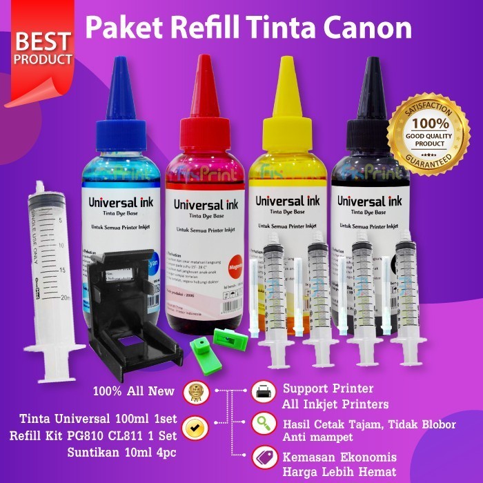 Paket Tinta 4 Warna 100ml Refill Canon Printer e400 e410 e460 e480