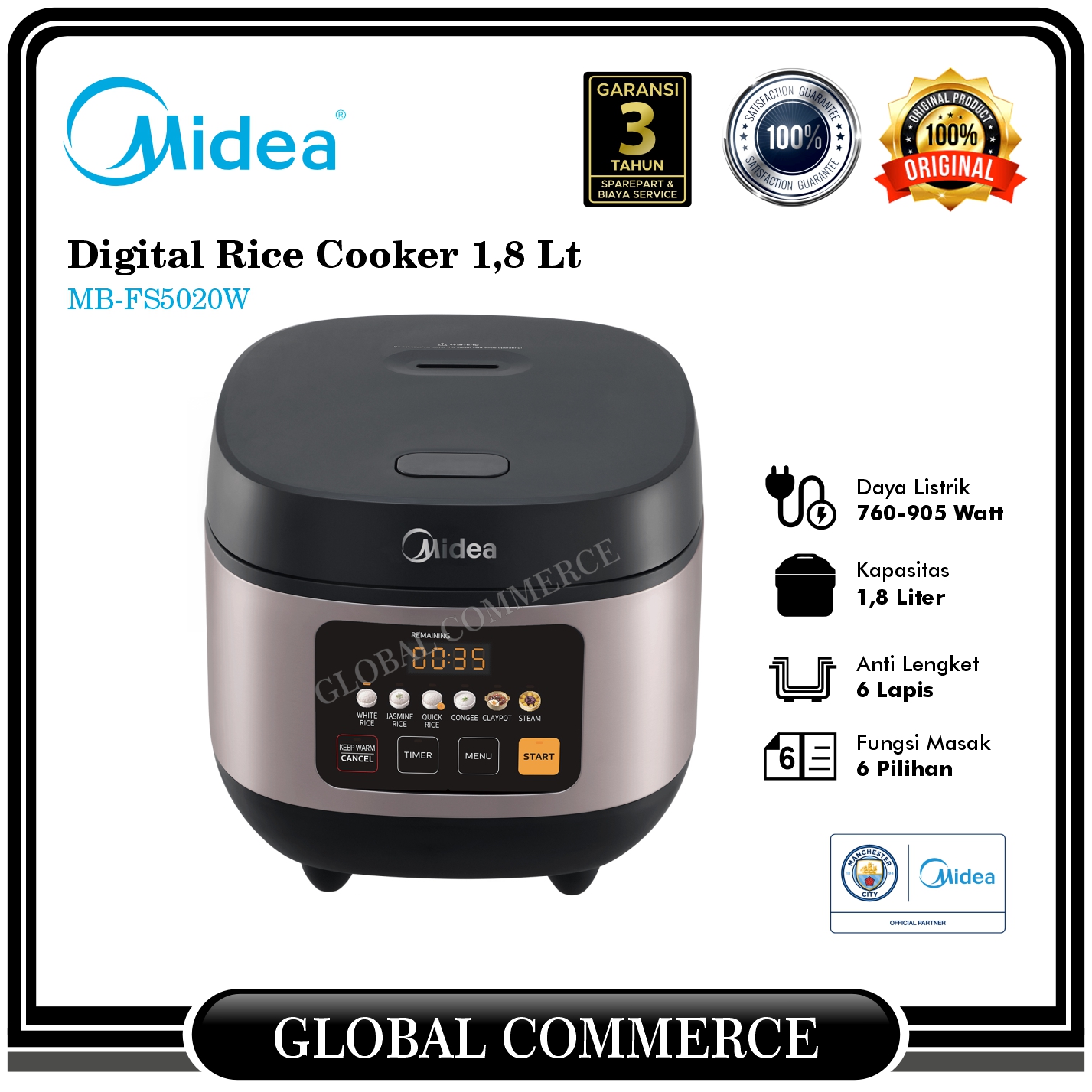 Midea Digital Rice Cooker 1.8L MBFS5020W 6 Preset Menu Lazada