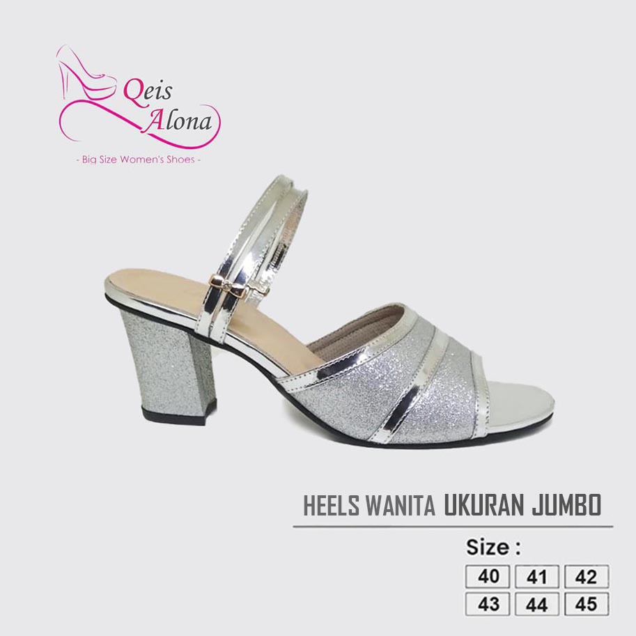 Sandal Heels Premium Ukuran Jumbo Size 41 42 43 44 45 Hak 7cm Sepatu  Pesta Ukuran Besar AL 205 Hitam Silver