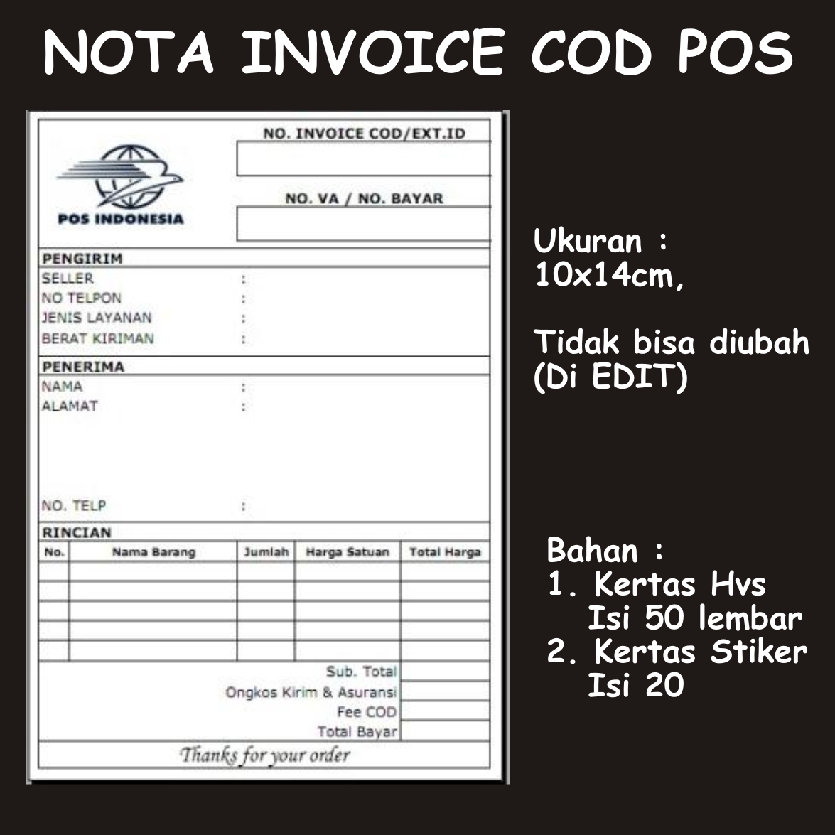 NOTA INVOICE COD POS/LABEL PENGIRIMAN COD POS/KERTAS ALAMAT/Label Nota Invoice COD POS | Lazada Indonesia