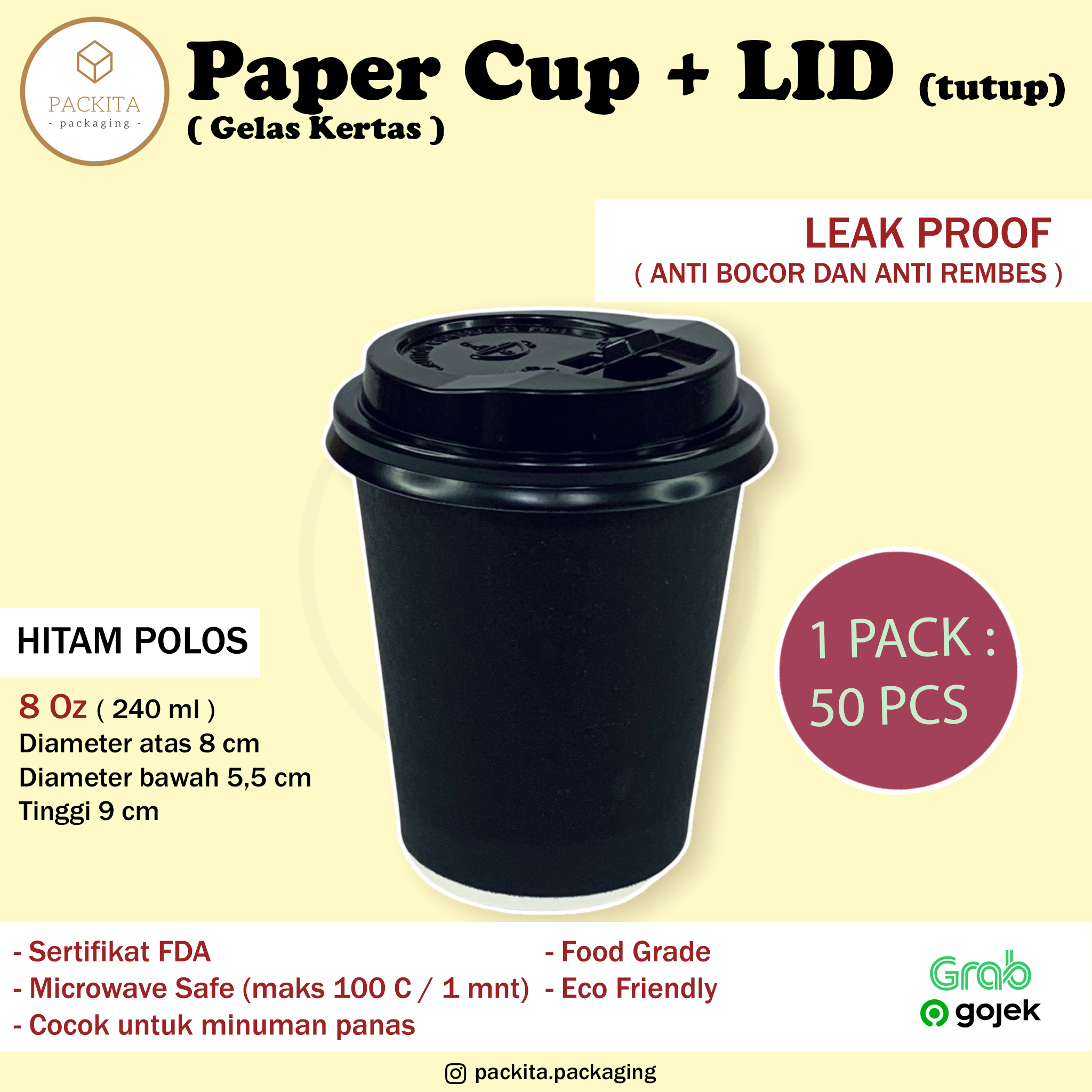 Paper Hot Cup Gelas Kertas Tahan Panas Black 8 Oz 240ml Lidtutup Papercup Paper Cup 50 Pcs 9043