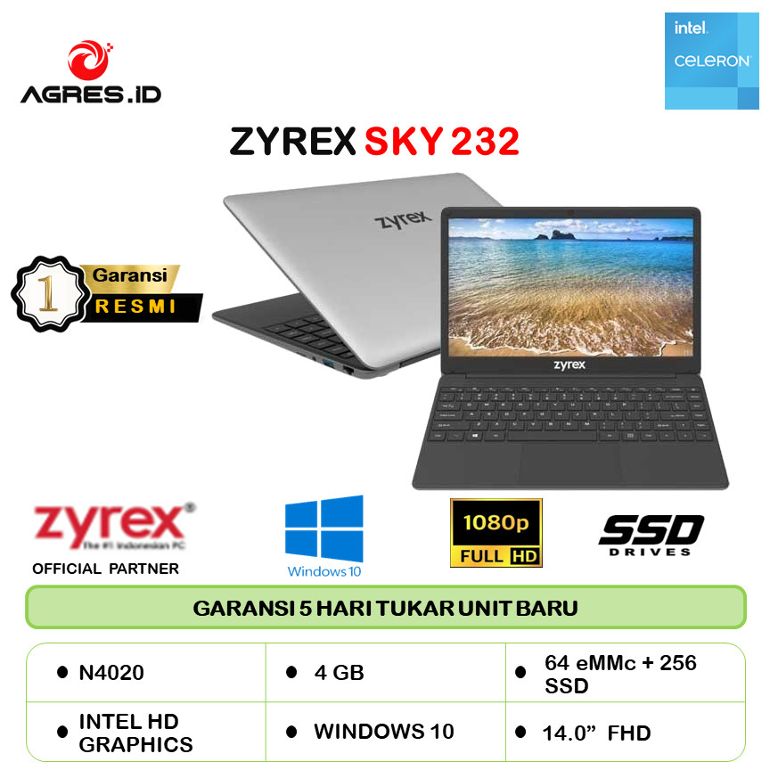 LAPTOP ZYREX SKY 232 NEW GENERATION N4020 RAM 4GB 256SSD+64GB W10 14