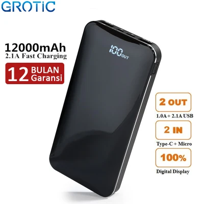 GROTIC Power Bank 12000mah Dual Output Type-C & Micro USB Input Led Power Display 2.1A Fast Charging Powerbank GY11