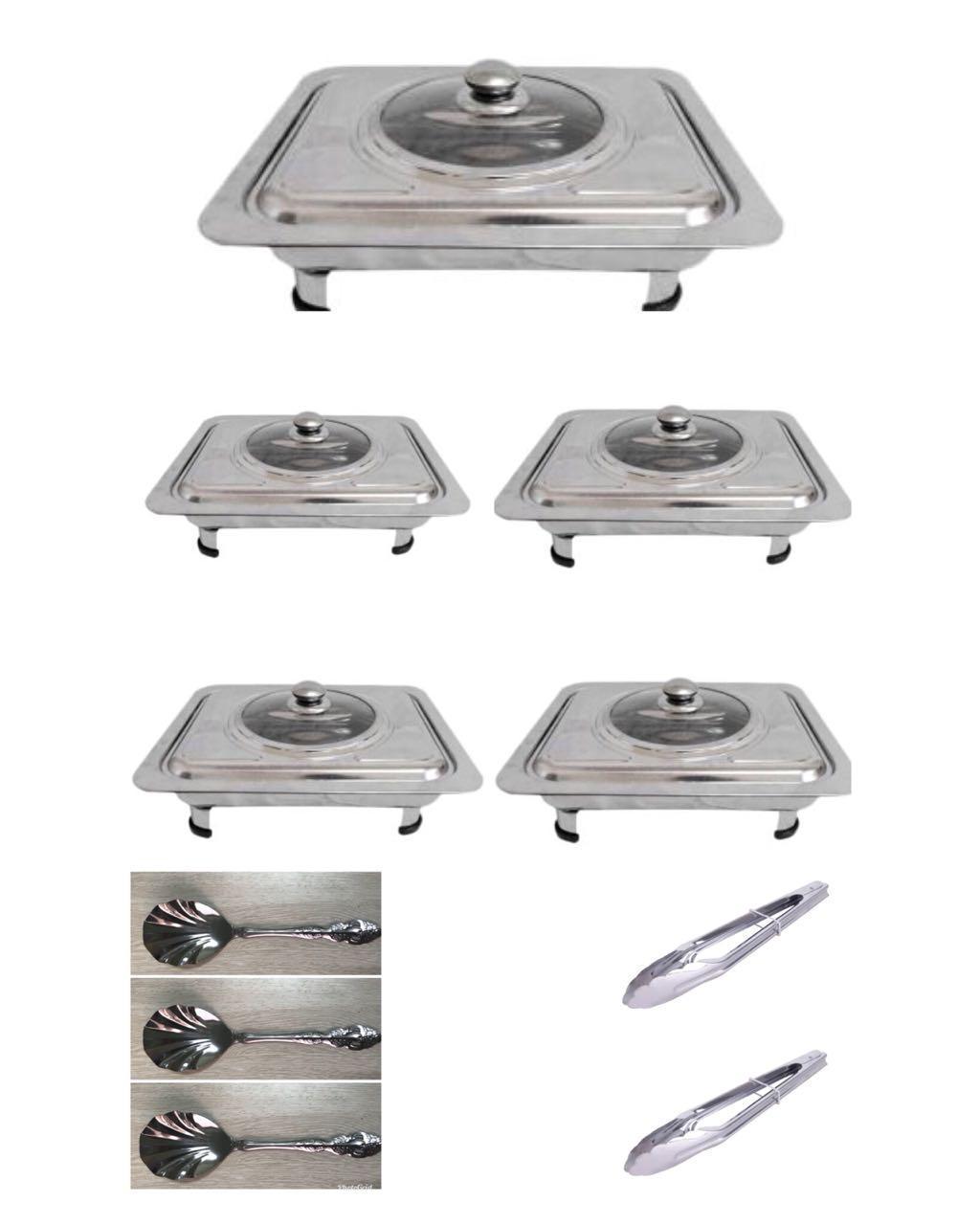 wadah saji masakan - prasmanan set isi 5, 3 sendok sayur,2 jepitan makanan stainless steel (10 in 1)