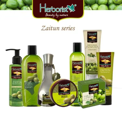 Paket Herborist Zaitun Komplit 8 Pcs / Shampo Zaitun / Body Wash Zaitun / Sabun Zaitun / Minyak Zaitun / Lulur Zaitun / Body Butter / Lulur Zaitun / Body Lotion - 8 Pcs