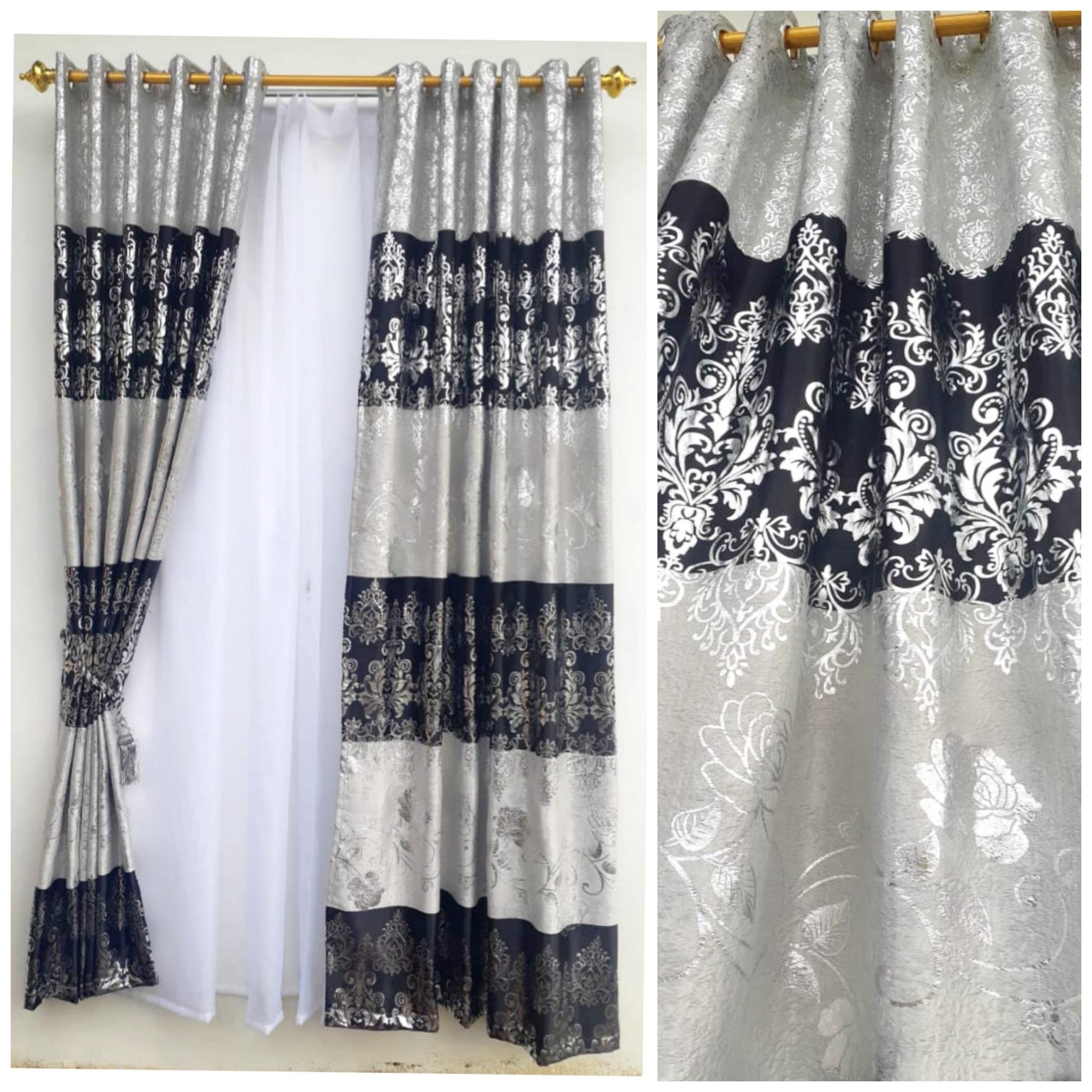 Gorden blackout printing abu/biru/gold motif bunga mawar tirai jendela pintu minimalis murah
