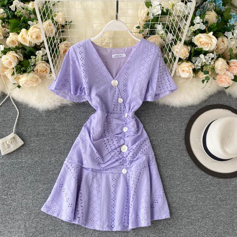 Màu Tím Đầm Nữ 2020 Mẫu Mới Thịnh Hành Quần Áo Nữ Khí Chất Cổ Chữ V Thích Hợp Hàng Cúc Trên Quần Áo Ôm Body Ngắn Váy Bèo Nhún