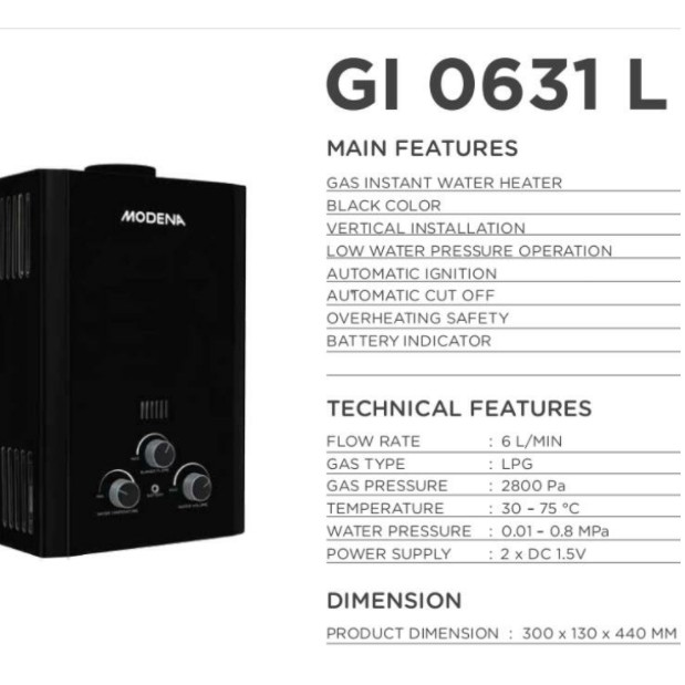 MODENA GI 0631 L WATER HEATER GAS | Lazada Indonesia