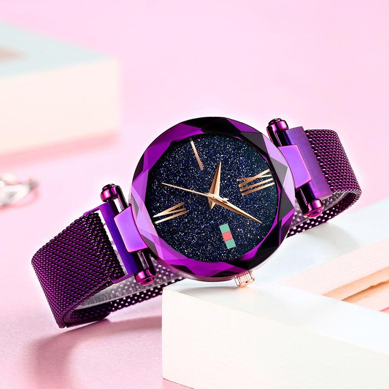 272 Jam Tangan Wanita Analog Fashion Casual Women Strap Leather with kaca kristal plat gliter - Jam Tangan Korea Tali Magnet