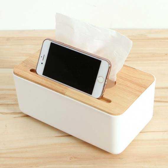Kotak Tisu Kayu dengan Smartphone Holder Tempat Tisu Tissue Box Unik Meja Kantor Rumah Ruang Tamu Kamar Tidur Wooden Design Storage Tempat Penyimpanan Tisu Sambil Nonton Video Film di Gadget Handphone Dekorasi Rumah Furniture s0066