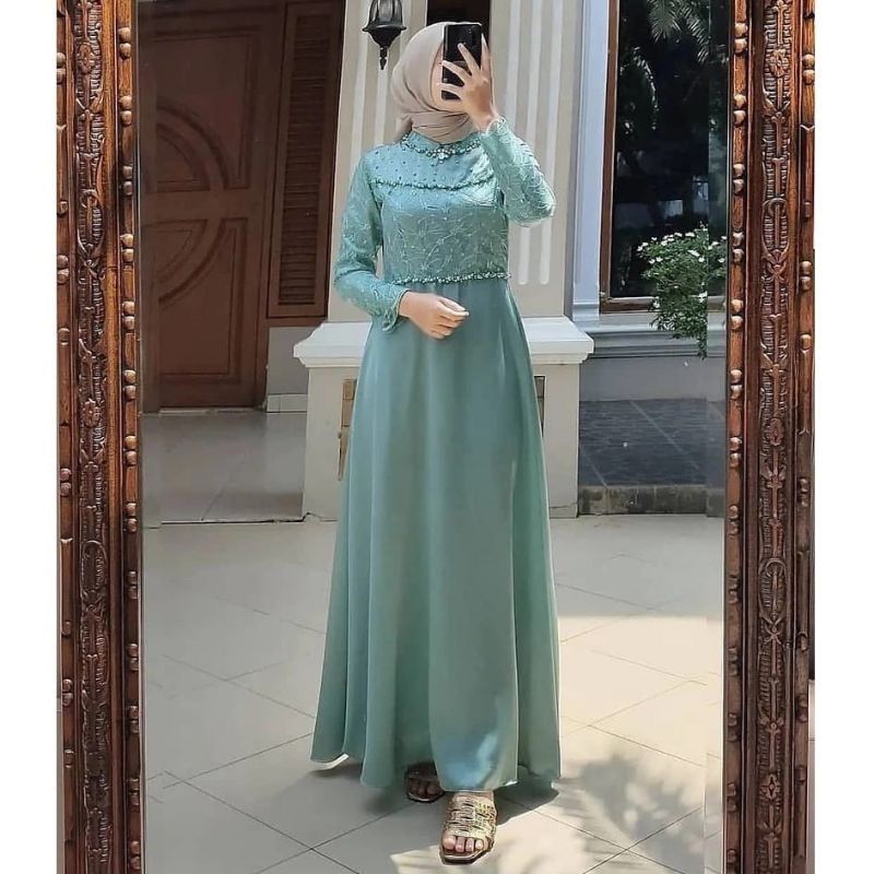 Thalita Dress Gamis Brokat Tile Kombinasi Satin Terbaru Modern