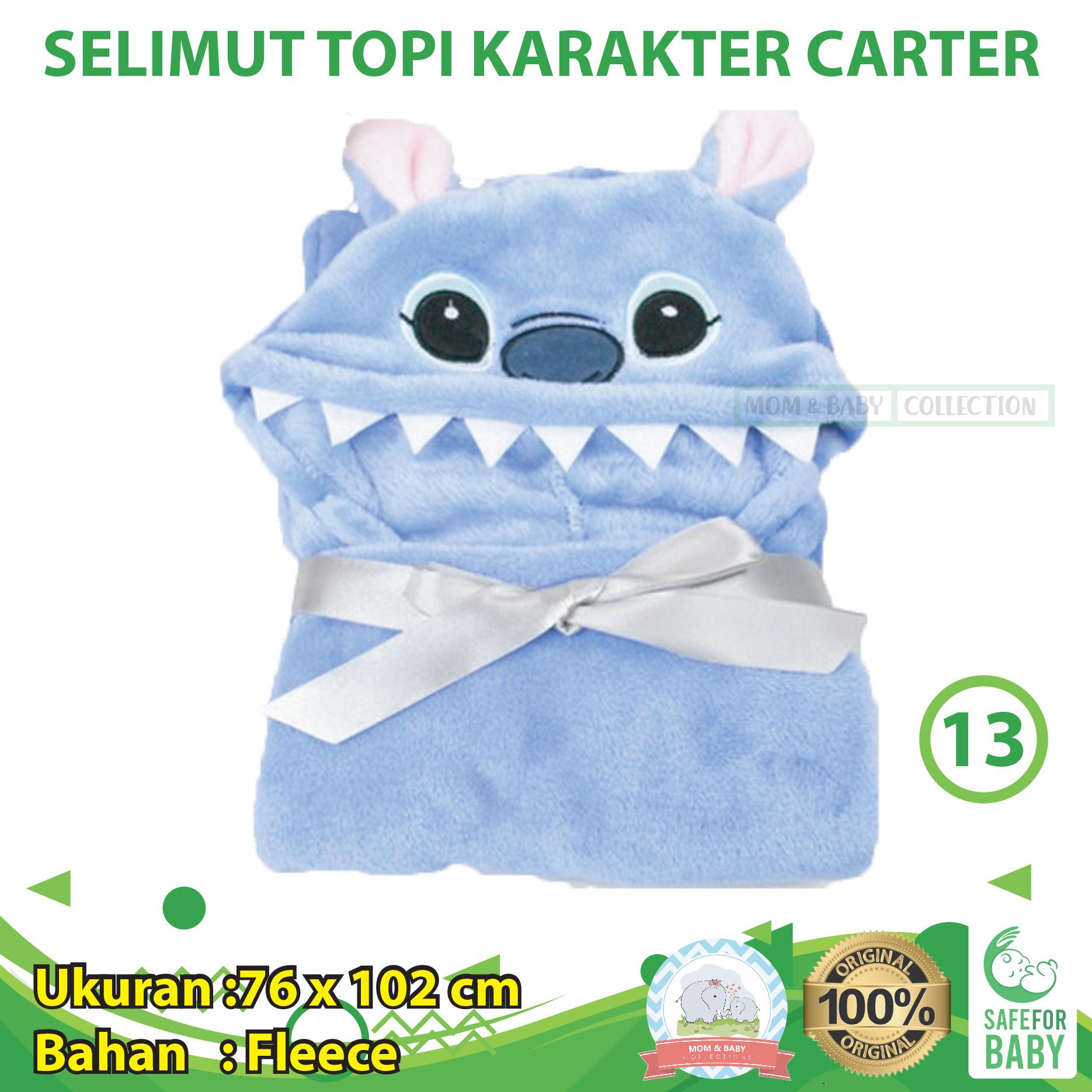 MomBaby Selimut Topi Double Fleece / Selimut Hoodie 3D / Hoodie Blanket Tudung / Selimut Topi Animal - Stitch Biru