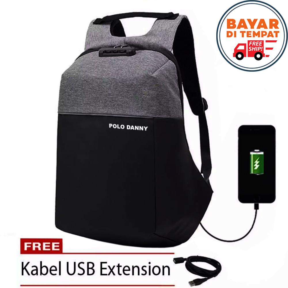 Free Shipping - Polo Danny PD005-18# Tas Pria Tas Wanita Import Tas USB Anti Maling Tas Ransel Anti Maling Tas Port USB Tas Charger Tas Ransel USB Tas Ransel Pria Tas Ransel Wanita Tas Laptop Tas Punggung Tas Polo Tas Ransel Polo Original + Kabel USB