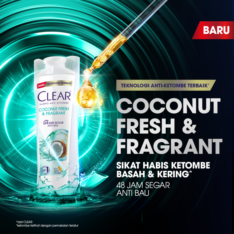 CLEAR Shampoo Anti Ketombe Coconut Fresh & Fragrant, Kesegaran Tahan Lama 48 Jam dan Lawan Bau