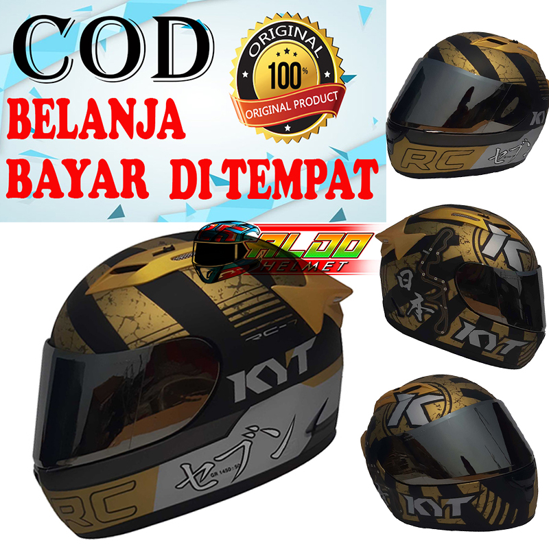 KYT RC 7 FLAT VISOR IRADIUM MOTIF SERI 17 BLACK DOFF GOLD ORIGINAL HELM