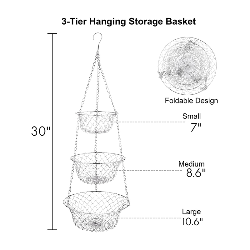 3 Tier Fruit Basket, Vegetable Kitchen Storage Basket Chain Hanging