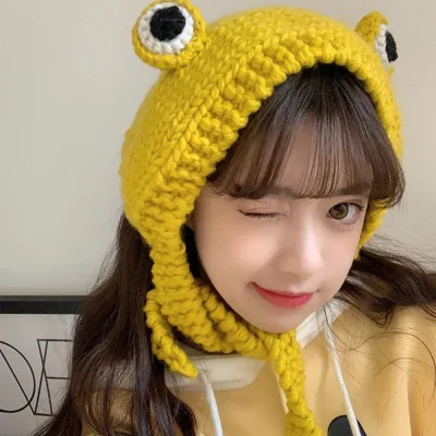 ERRFV Warmer Women Cute Winter Knitted Big Eye Frog Ear Protective Beanie Hats Knitted Caps Frog Hat