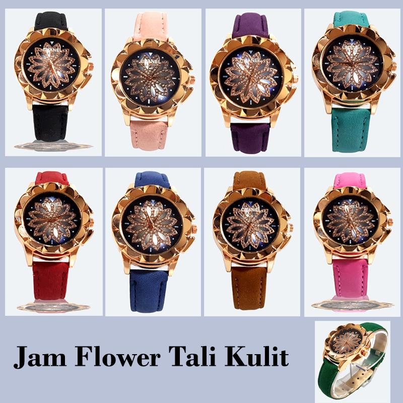 jaya shop jam tangan wanita diamond motif flower tali kulit - jam tangan wanita terbaru - jam tangan korea - jam tangan remaja - jam tangan dewasa