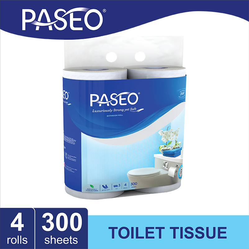 Paseo Elegant Tissue Toilet Core Roll Emboss 300 Sheets x 4 Roll