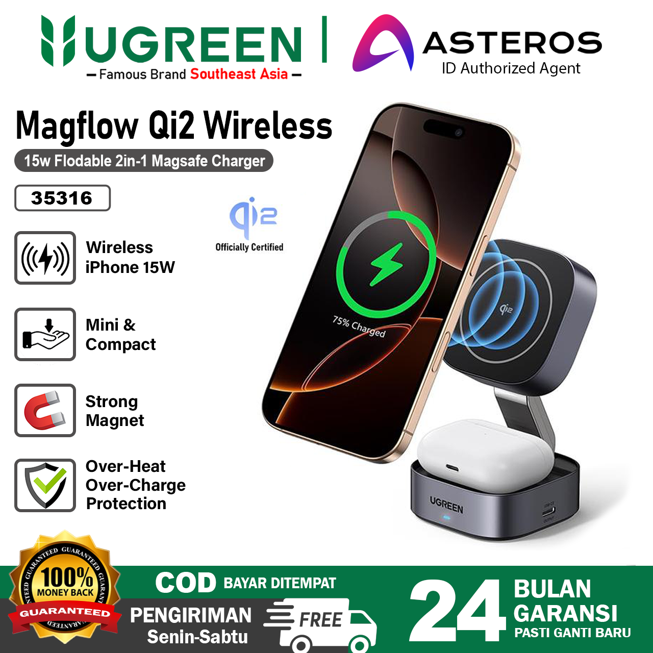 UGREEN 2in1 Foldable Wireless Charger Magsafe Qi2 With Stand