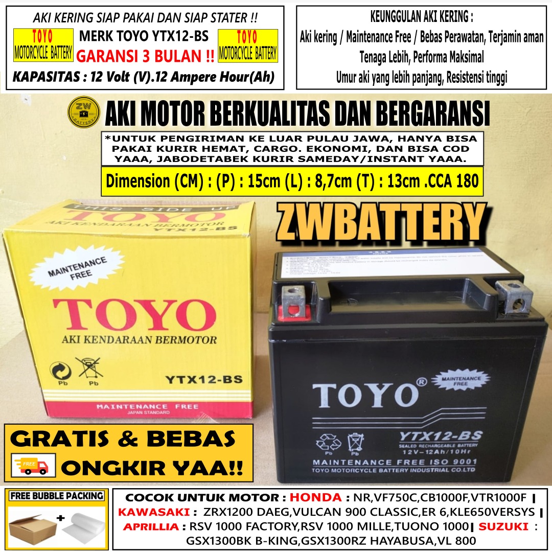 AKI MOTOR YTX12-BS 12 VOLT 12 AMPERE AKI KERING | Lazada Indonesia