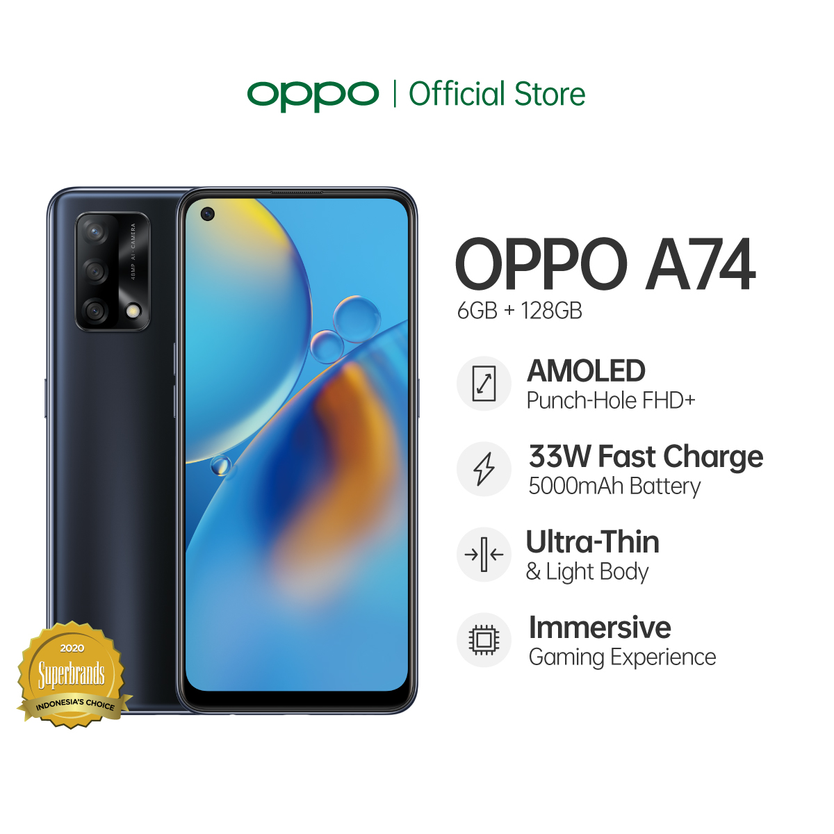 OPPO A74 - 6/128GB - 5000mAh Battery - 33W Fast Charging - 6.43 Inch Punch Hole AMOLED FHD+ Screen