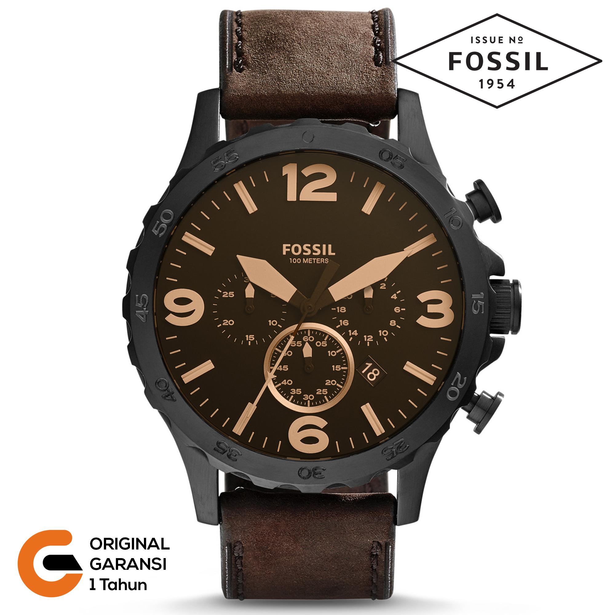 Fossil Nate Chornograph Jam Tangan Pria Tali Kulit Leather Strap Case Stainless Steel Black Hitam Quartz Chrono Machine JR1487 Jam Tangan Pria Fossil