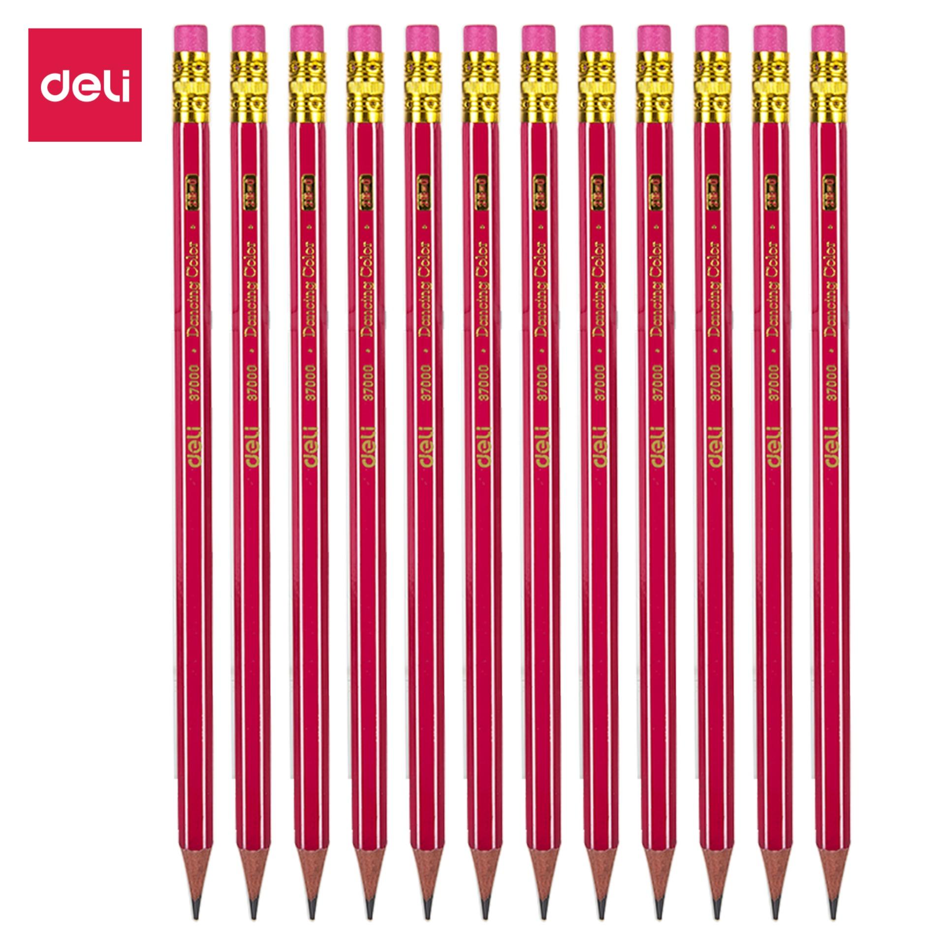 Deli Pensil Kayu / Graphite Pencil - 2B dgn/penghapus / with eraser - 12pcs/box - Kayu Poplar berkualitas, mudah diasah,penghapus bebas PVC tidak beracun,Grafit hitam/Good quality Poplar wood,easy to sharpen, non-toxic PVC eraser, Black graphite (E37000)