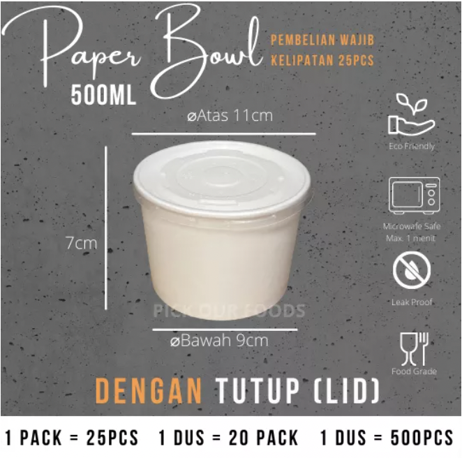 Paper Bowl 500 ML / Mangkok Kertas 17 Oz + Tutup ISI 25 PCS Lazada