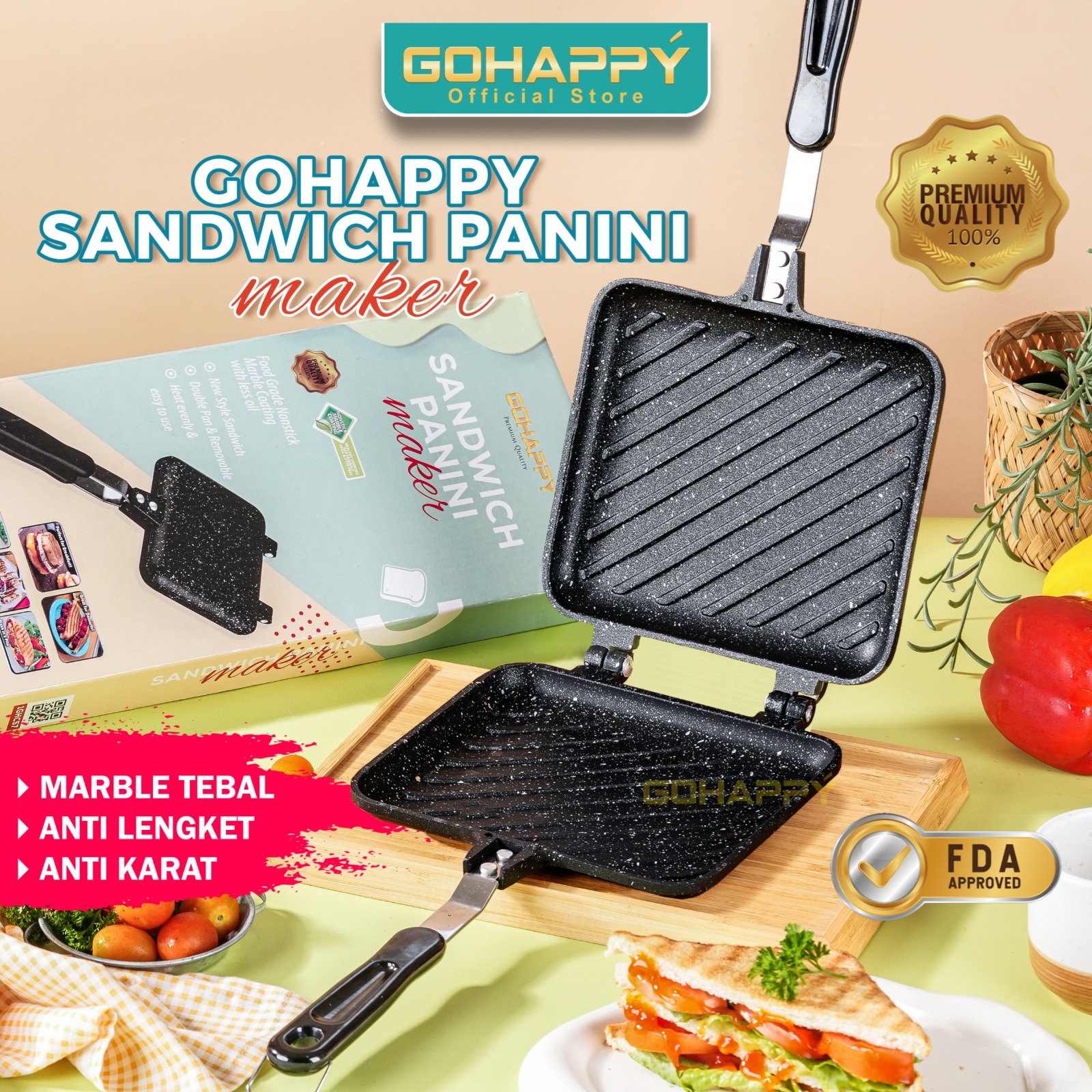 GOHAPPY Cetakan Roti Panini Sandwich maker tanpa listrik Panci Roti Kue  Double Pan ANTI LENGKET BAHAN MARBLE PREMIUM HANDLE TAHAN PANAS TERBAIK